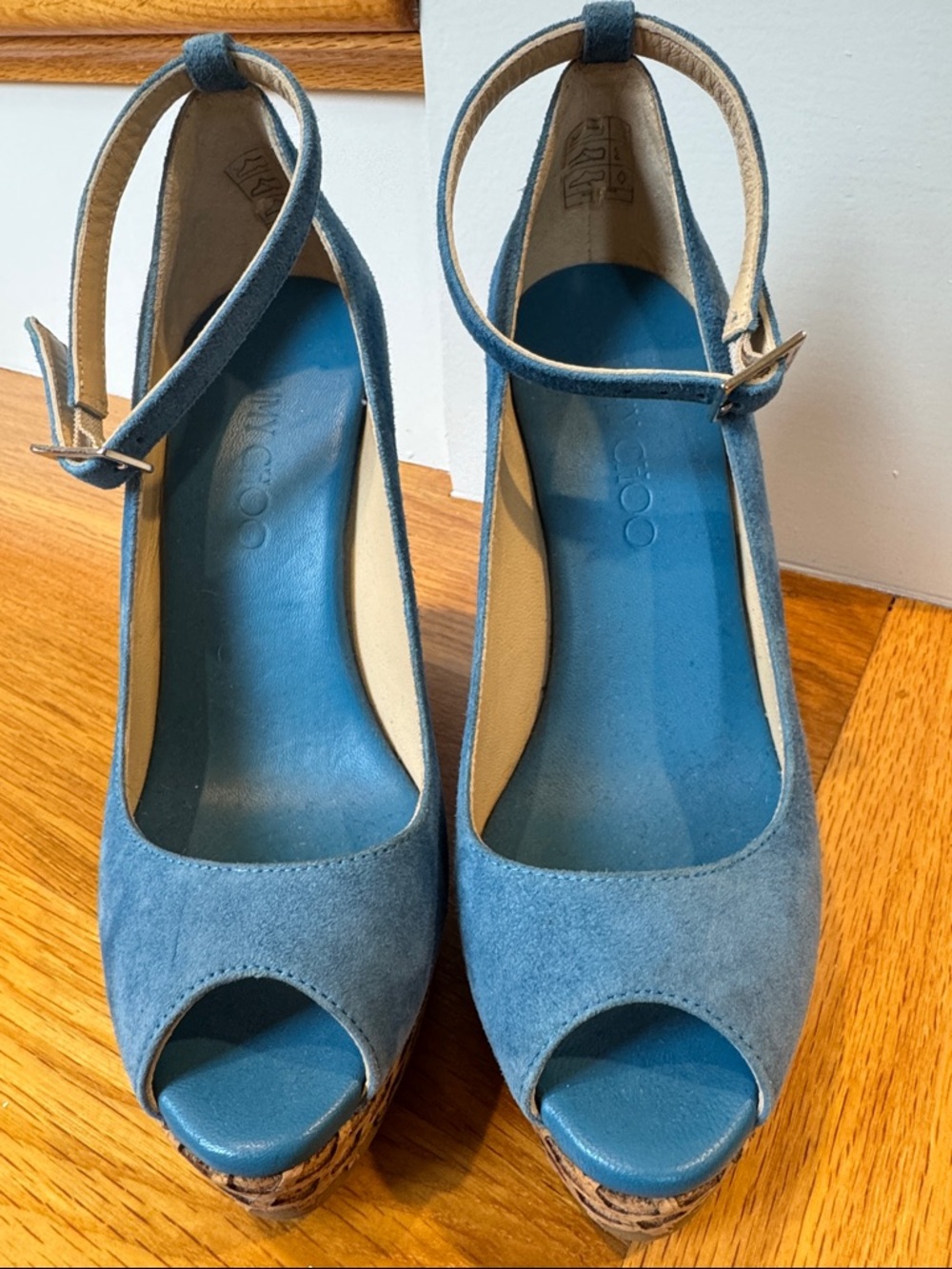 Jimmy Choo Suede Peep-Toe Platform Heels with Ankle Strap - Blue EUC size 36